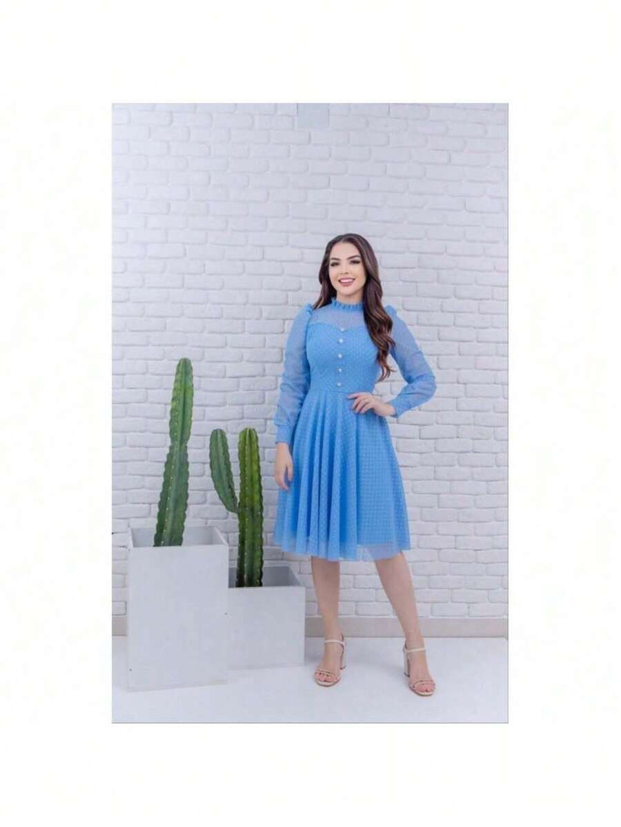 Vestido Em Tule Manga comprida Moda Evangélica - Azul cadete - Visão 1