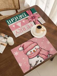 1 件/4 件/6 件冬季圣诞装饰餐垫，“你好冬天”，圣诞雪人与驯鹿亚麻餐垫，防尘垫，适用于家庭、餐厅、餐厅、餐桌装饰、家居摆设 - 彩色 - 查看 4