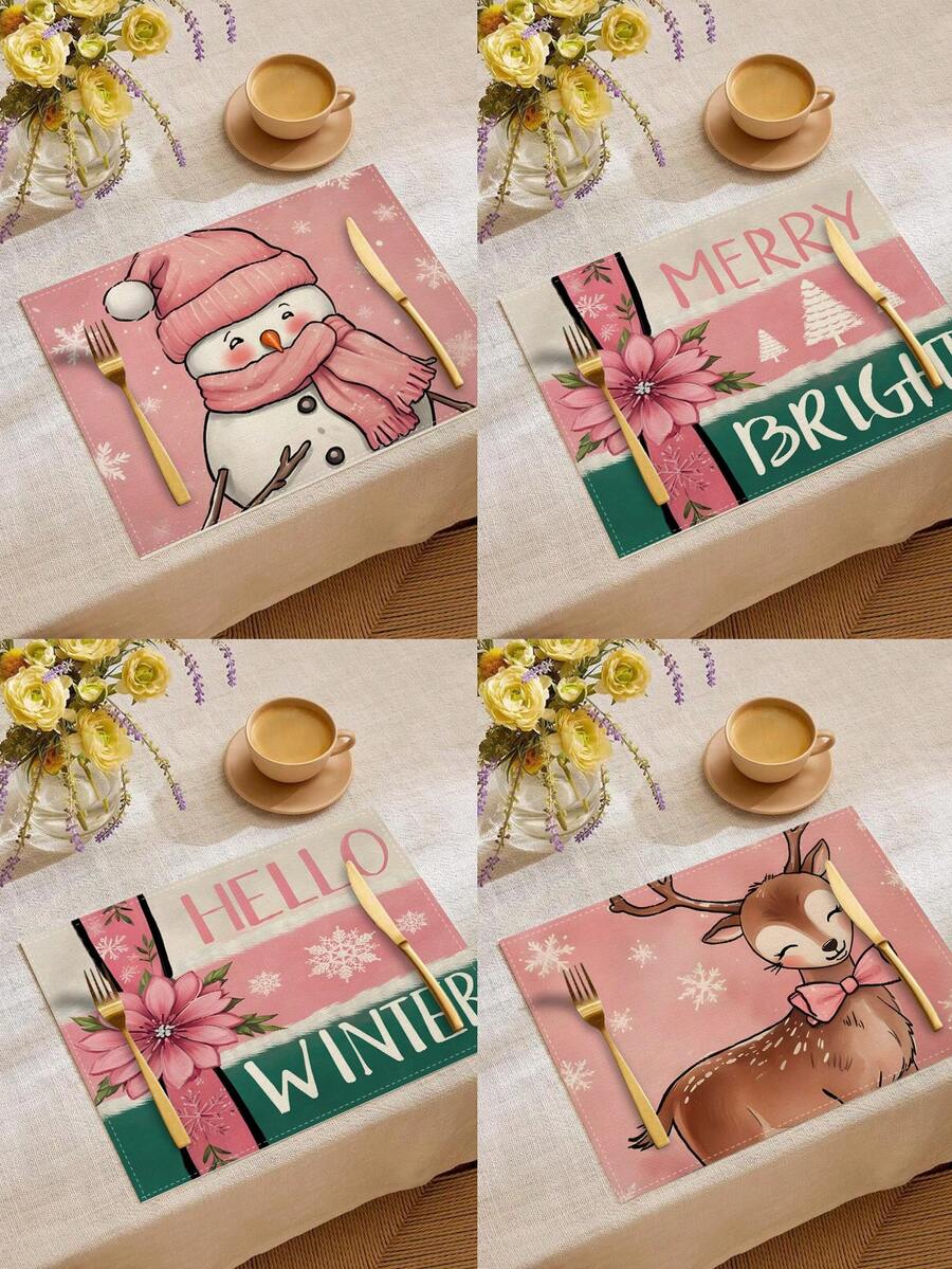 1 件/4 件/6 件冬季圣诞装饰餐垫，“你好冬天”，圣诞雪人与驯鹿亚麻餐垫，防尘垫，适用于家庭、餐厅、餐厅、餐桌装饰、家居摆设 - 彩色 - 查看 1