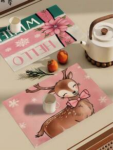 1 件/4 件/6 件冬季圣诞装饰餐垫，“你好冬天”，圣诞雪人与驯鹿亚麻餐垫，防尘垫，适用于家庭、餐厅、餐厅、餐桌装饰、家居摆设 - 彩色 - 查看 6