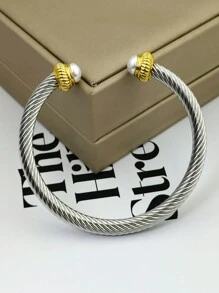 1 cái Của Châu Âu và Châu Mỹ Đúng mốt Thép không gỉ Hai màu 6mm Của phụ nữ Vòng tay Với Cao-kết thúc Cable Dây thừng Cổ tay áo Và Hai mặt Ngọc trai giả Mở có thể điều chỉnh Vòng tay Vòng tay Thích hợp Đối với Quyến rũ Món quà Đối với Gia đình , Bạn Và - Bạc - Xem 10