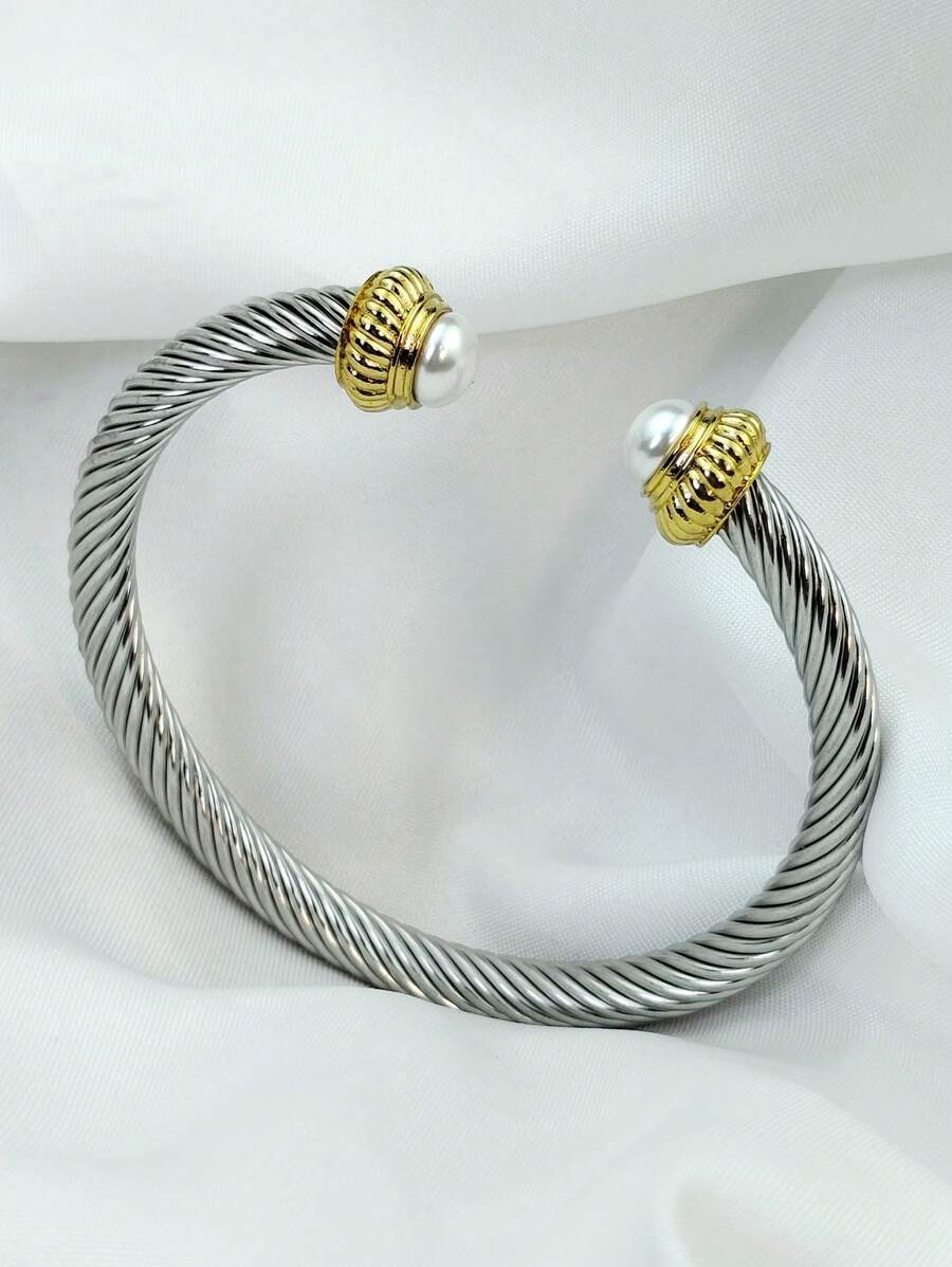 1 cái Của Châu Âu và Châu Mỹ Đúng mốt Thép không gỉ Hai màu 6mm Của phụ nữ Vòng tay Với Cao-kết thúc Cable Dây thừng Cổ tay áo Và Hai mặt Ngọc trai giả Mở có thể điều chỉnh Vòng tay Vòng tay Thích hợp Đối với Quyến rũ Món quà Đối với Gia đình , Bạn Và