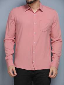 Long Sleeve Dress Shirt In Viscose Fabric Shrinks A Little With Pocket Slim Fit Not Bulky, Easy To Iron - Bụi hồng - Xem 1