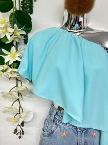 Collarless And Asymmetrical Shirts, Solid Ruffled And Lined Shirts - 淺藍色 - 查看 2