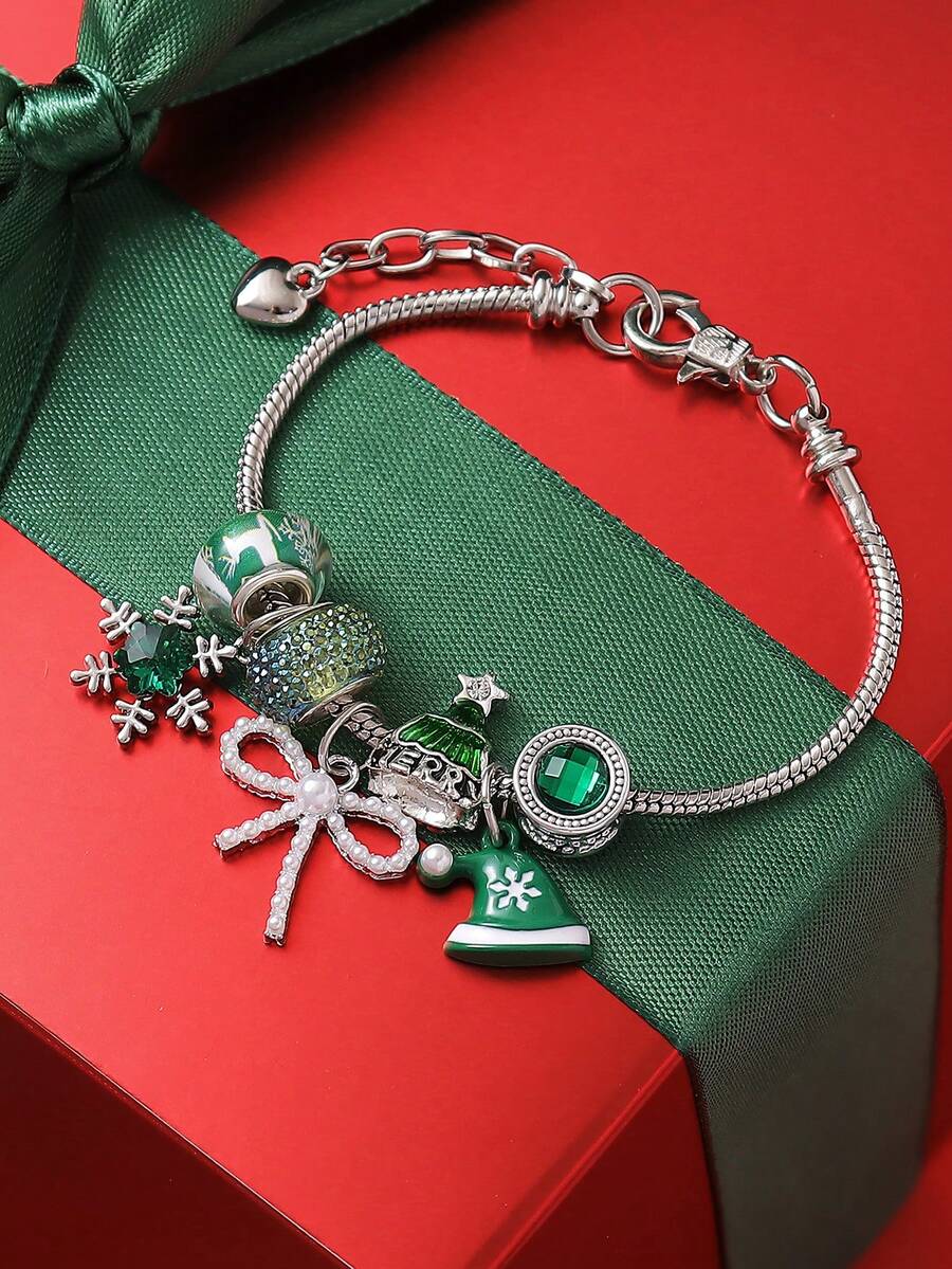 1 Stück Weihnachts-Armband mit eleganter Faux-Perlen-Schleife, Schneeflocke, Rentier, DIY-Perlen und Kupferkette, Kontrast in Rot und Grün, geeignet als Accessoire für Frauen zu Weihnachtspartys, Geschenk für Freunde und Familie
