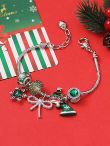 1 Stück Weihnachts-Armband mit eleganter Faux-Perlen-Schleife, Schneeflocke, Rentier, DIY-Perlen und Kupferkette, Kontrast in Rot und Grün, geeignet als Accessoire für Frauen zu Weihnachtspartys, Geschenk für Freunde und Familie