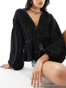 Bow Tie Front Tops For Women V Neck Lace Up Shirts Casual Long Flare Sleeve Blouese Summer Going Out Tops