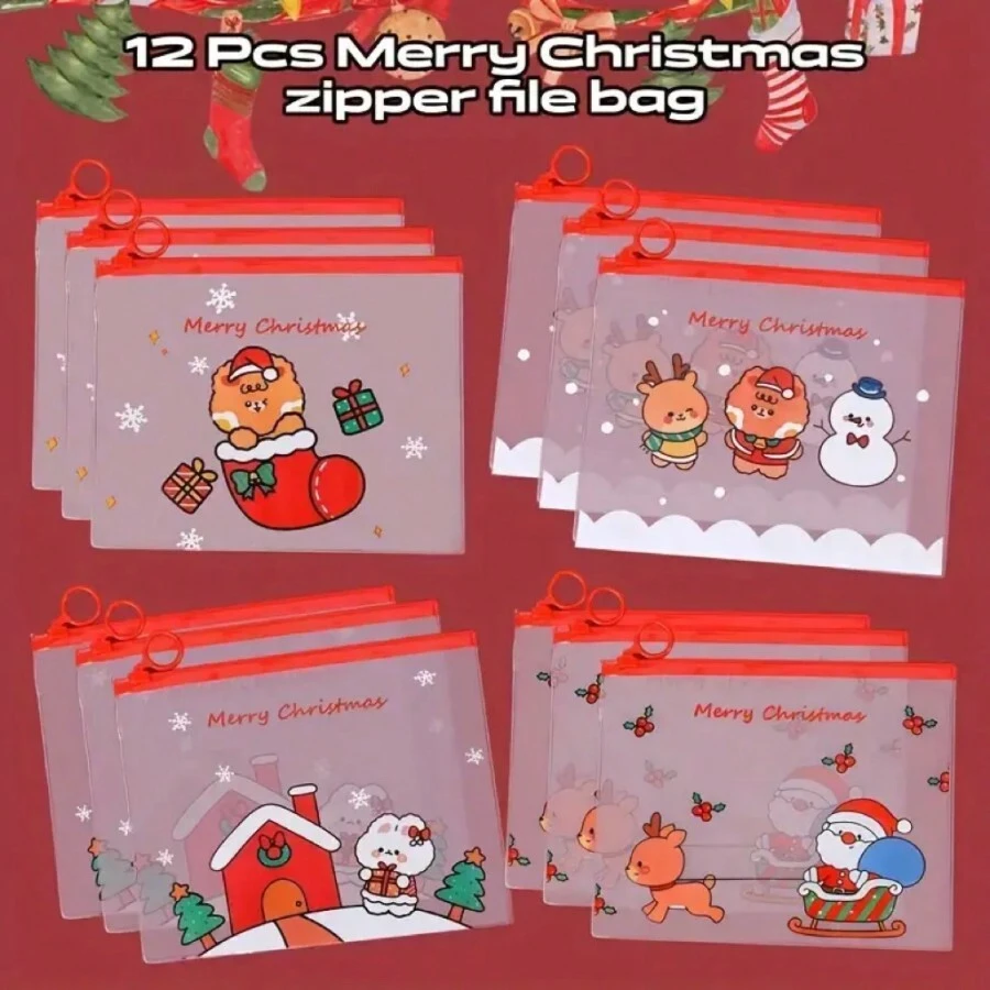 Bộ 12 tập tài liệu PVC khóa kéo hoạt hình Giáng sinh, Túi đựng đồ dùng văn phòng phẩm trong suốt chống thấm nước dễ thương, Quà tặng đa năng cho bạn bè và đồng nghiệp - Trong sáng - Xem 1