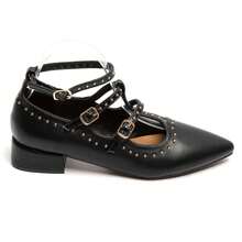 Chaussures décoratives avec bride croisée, talon carré petit et bout pointu avec clous fantaisie - Noir - Voir 3