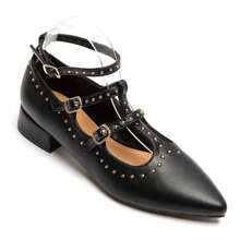 Chaussures décoratives avec bride croisée, talon carré petit et bout pointu avec clous fantaisie - Noir - Voir 2