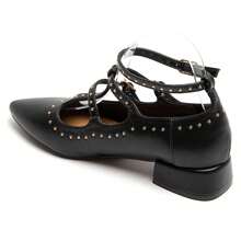 Chaussures décoratives avec bride croisée, talon carré petit et bout pointu avec clous fantaisie - Noir - Voir 4