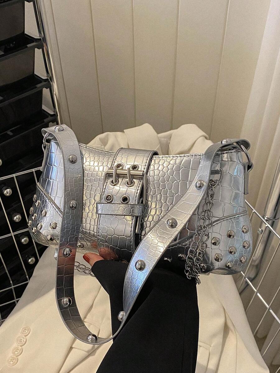 2024New Women's Underarm Bag, European And American Style Vintage Rivet Motorcycle Bag With Pleat Detail Crescent Solid Shoulder And Crossbody Bag For Women - Silver - View 1