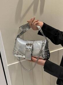 2024New Women's Underarm Bag, European And American Style Vintage Rivet Motorcycle Bag With Pleat Detail Crescent Solid Shoulder And Crossbody Bag For Women - Silver - View 3