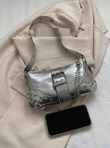 2024New Women's Underarm Bag, European And American Style Vintage Rivet Motorcycle Bag With Pleat Detail Crescent Solid Shoulder And Crossbody Bag For Women - Silver - View 8