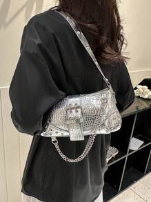 2024New Women's Underarm Bag, European And American Style Vintage Rivet Motorcycle Bag With Pleat Detail Crescent Solid Shoulder And Crossbody Bag For Women - Silver - View 5