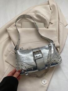 2024New Women's Underarm Bag, European And American Style Vintage Rivet Motorcycle Bag With Pleat Detail Crescent Solid Shoulder And Crossbody Bag For Women - Silver - View 7