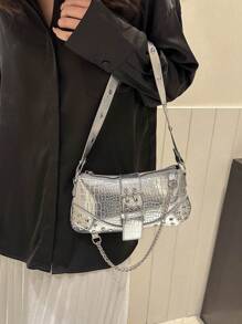 2024New Women's Underarm Bag, European And American Style Vintage Rivet Motorcycle Bag With Pleat Detail Crescent Solid Shoulder And Crossbody Bag For Women - Silver - View 6