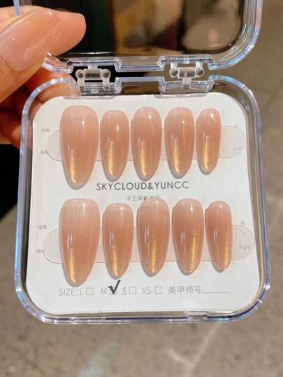 10Pcs Handmade Metal Nail Art Decorations Set, Almond Shaped Golden Glitter Cat Eye Effect, Suitable For Students & Pregnant Women, Daily & Party Wear Press On Nails Nail Supplies Nails