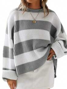 Women Casual Contrast Striped Pattern Drop Shoulder Loose Sweater - Grey - View 3