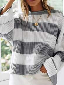 Women Casual Contrast Striped Pattern Drop Shoulder Loose Sweater - Grey - View 4