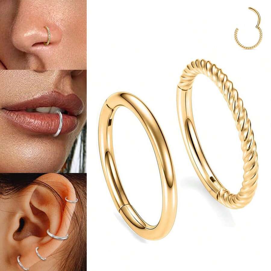 2pcs/Set Nose Ring Hoop 16G Twist Unisex Punk Hypoallergenic Stainless Steel Septum Piercing Ring Hinged Clicker Segment Hoop Lip Ring 18K Gold Plated Cartilage Hoop Rook Earrings Tragus Conch Daith Helix Piercing Jewelry Earlobe Earring 6mm 8mm 10mm 12mm Belly Ring Black Nipple Ring Women Body Pierecing Jewelry - N040 - View 1
