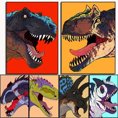 1pc Wall Art Plakaty Bezramowe Dinosaur World Tyrannosaurus Rex Triceratops Ilustracja Wydruki Wydruk na płótnie Wall Art Zdjęcia Dekoracja Salonu Pop