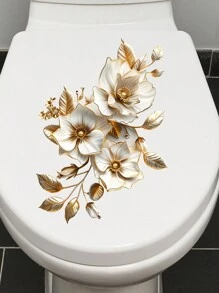 1 件金色花叶马桶座贴纸，带金色装饰叶 - 不对称形状，一次性贴纸，陶瓷表面，粘性塑料装饰，植物主题浴室装饰 - 金色花卉葉馬桶貼 - 查看 4