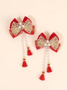 2 件红色新年蝴蝶结发夹配金色网状蝴蝶结装饰，华丽发夹配长吊坠鳄鱼夹流苏发饰，适合日常派对佩戴 - 彩色 - 查看 8