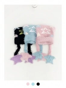 1 件 Y2K 3D 星形针织动物角针织帽，新款可爱蓬松星形图案保暖针织帽，小众设计耳罩，秋冬针织帽女士，厚实保暖手工拉法帽 - 彩色 - 查看 12