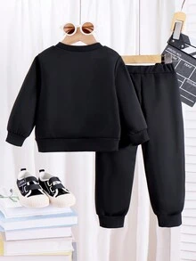 2 件套年轻男孩休闲简约电子游戏图案运动衫和运动裤套装，秋冬 - 黑色 - 查看 2