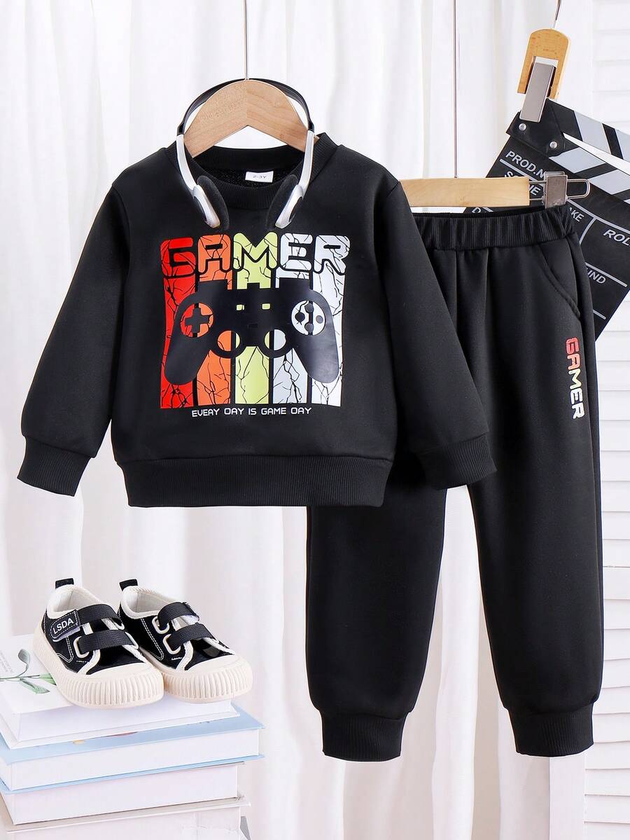 2 件套年轻男孩休闲简约电子游戏图案运动衫和运动裤套装，秋冬 - 黑色 - 查看 1