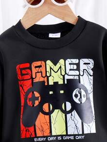 2 件套年轻男孩休闲简约电子游戏图案运动衫和运动裤套装，秋冬 - 黑色 - 查看 3