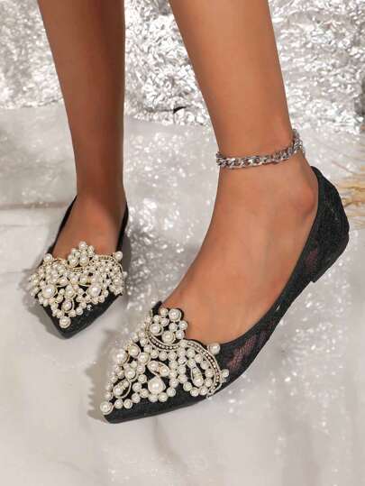 Women's Flat Slip-On Pointed Toe Shoes, Delicate Pearl & Lace Decor Fairy Style, Soft Sole, Comfortable Daily Wear & Wedding