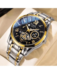 ساعة يد ذات علامة تجارية ماركة فقاعة ذات تصميم عصري وفاخر ذات إضاءة خفيفة ومتعددة الاستخدامات، ساعة رجالية تعمل بالكوارتز، مؤشرات رومانية مضيئة وحزام فارغ