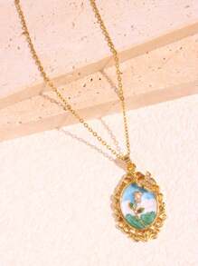 1pc Vintage-Inspired Women Jewelry Asymmetrical Pendant Necklace With Pearl, Rose Flower, Wheat Spikes & Colorful Floral Painting Design Valentines,Mom,Mother,Mother's Day,Gift - Multicolor - View 7