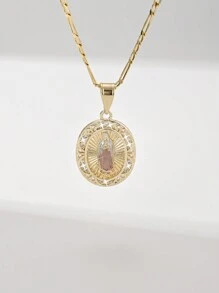 1pc 14K Gold-Plated Copper Alloy Zirconia Carved Virgin Mary Pendant Necklace, European & American Style, Suitable For Mothers, Couples, Sisters, Friends Gifts, Daily And Festival Wear, Prayer