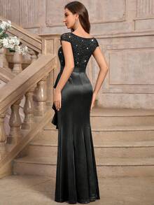 MIUSOL Deep V-Neck Contrast Sequin Lace Ruffle Mermaid Hem Satin Evening Party Maxi Dress - Black - View 3