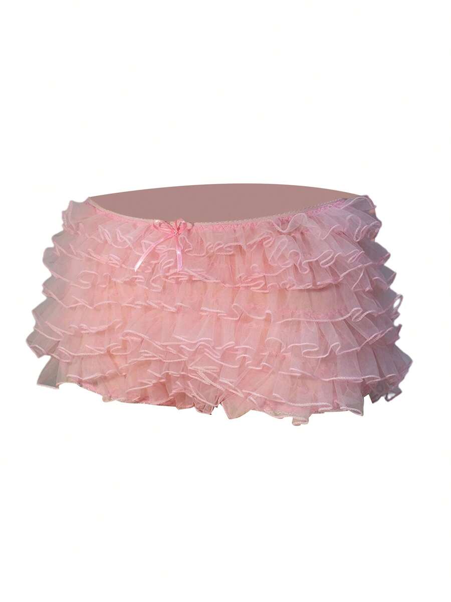 Women's Summer Ruffled Frilly Shorts, Multi-Layer Mesh Short Pants Sweet Cute Bloomers - Rosa - Ver 1