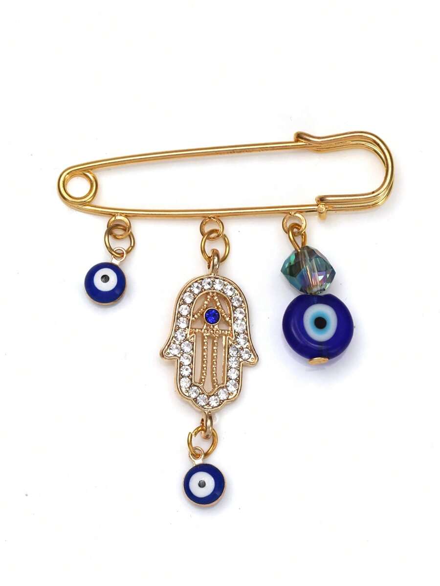 1pc Fashionable Blue Eye & Metallic Hamsa Hand Shaped, Oil Drip Detail Brooch Pin Suitable For Daily Wear, Men & Women - Blue - View 1