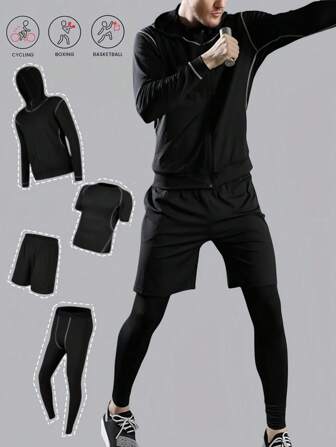 Herren Sport Set, beinhaltet: Zip-Hoodie Sweatshirt, figurbetonte T-Shirt, lange Workout Hose, weite Radfahrer Shorts mit Taschen, 4-teiliges Fitness Outfit
