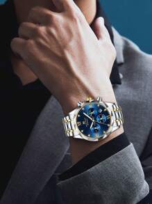 VA VA VOOM Thương hiệu 1PC Đồng hồ nam đính đá sang trọng đa chức năng Mặt số hẹn giờ Bộ máy thạch anh Đồng hồ nam màu xanh & vàng & bạc & đen Giải trí Kinh doanh Lịch mô phỏng Đồng hồ đôi bằng thép không gỉ dành cho nam - Màu xanh lam - Xem 10