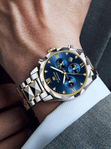 VA VA VOOM Thương hiệu 1PC Đồng hồ nam đính đá sang trọng đa chức năng Mặt số hẹn giờ Bộ máy thạch anh Đồng hồ nam màu xanh & vàng & bạc & đen Giải trí Kinh doanh Lịch mô phỏng Đồng hồ đôi bằng thép không gỉ dành cho nam - Màu xanh lam - Xem 7