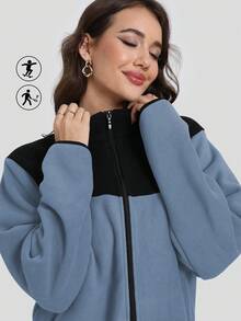 SUPEKYKO Women's Plain Fleece Front Zip-Up Long Sleeve Casual Jacket - Blue - View 4