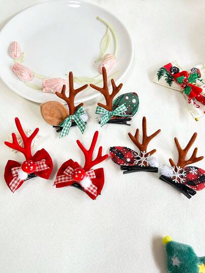 2 stuks kerststrikken voor dames, sneeuwvlokkenmotief, haarspeldjes met hertengewei-thema, rood en bruin, kerstdecoratie, schattige boho casual feestaccessoires, strikken, klauwspeldjes, haarklemmen, haarspeldjes, haaraccessoires, nieuwjaarsglamour