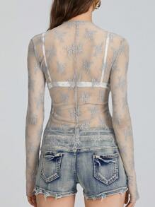 Women Y2K Lace Floral Long Sleeve Shirts Tops Sheer Mesh See-Through Mock Neck T-Shirts Spring Fall Slim Fit Going Out Tees Tops Vintage Aesthetic Clothes Streetwear - Xám - Xem 2