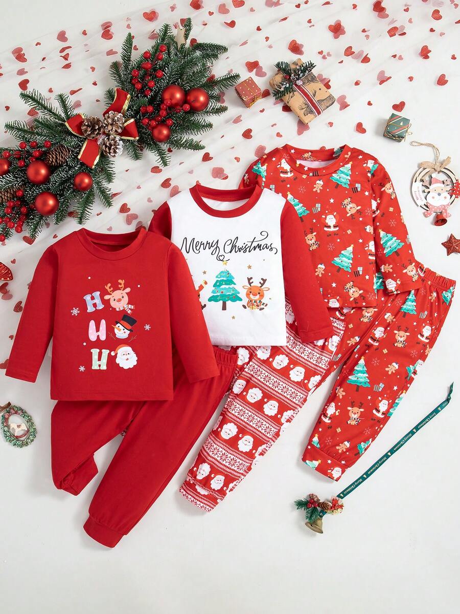 宝宝圣诞节卡通麋鹿圣诞老人圣诞树印花圆领上衣裤子套装三件套 - 紅色 - 查看 1
