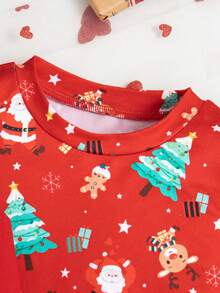 宝宝圣诞节卡通麋鹿圣诞老人圣诞树印花圆领上衣裤子套装三件套 - 紅色 - 查看 7