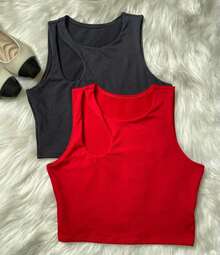 BIA KIT WITH 2 WOMEN'S CROPPED TOPS IN SUPLEX FABRIC WITH HOLE DETAIL ON THE SHOULDER, SUMMER - 紅色 - 查看 3