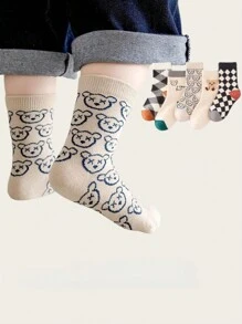 10prs Cute Autumn/Winter Dinosaur & Plaid Bear Cartoon Patterned Crew Socks, For Boys And Girls