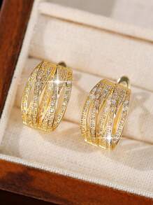 1 cặp bông tai tròn trang trí sang trọng hợp thời trang đính đá Cubic Zirconia trắng sáng bóng tuyệt đẹp dành cho phụ nữ - Vàng - Xem 3